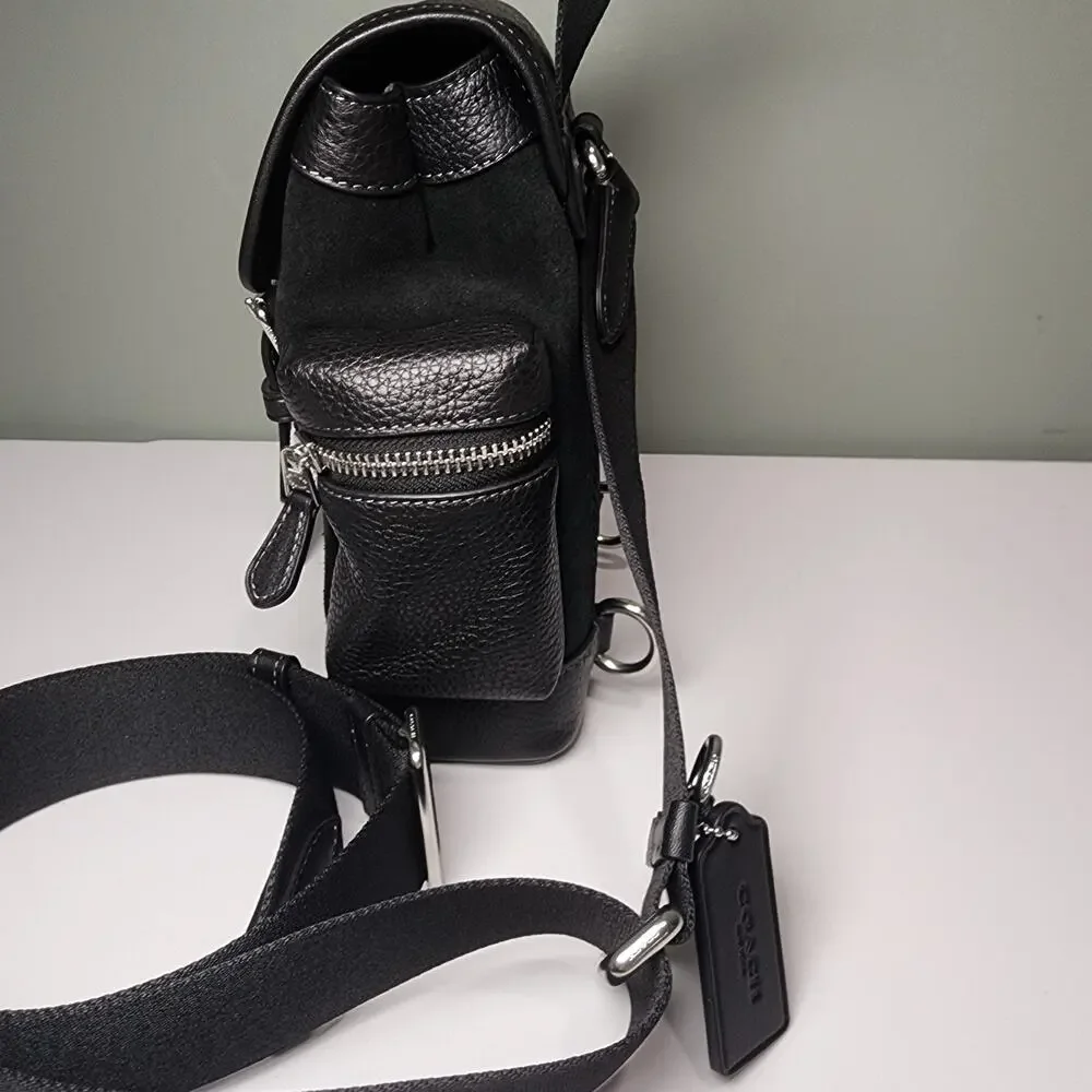 NWT Coach CCE79 Sprint Sling Pack Silver Black Suede, refined pebble leather